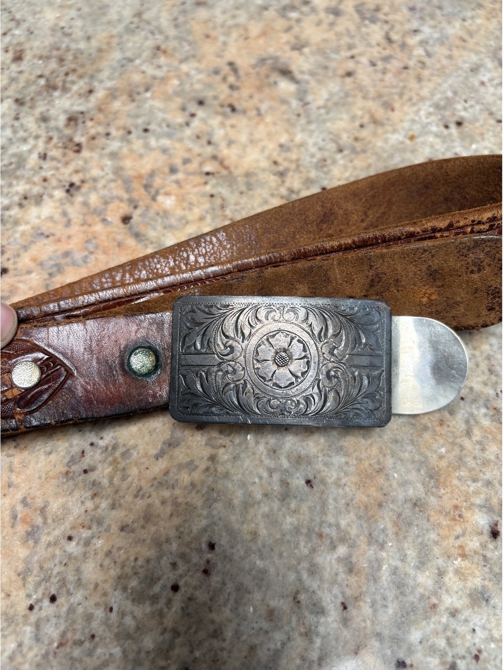 Scott Silver Vintage Tooled Leather Belt Sterling Buckle 39in